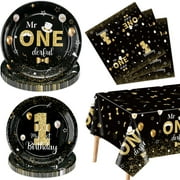 61 Pcs Mr Onederful Birthday Decorations - Black Gold Birthday Plates, Napkins, and Tablecloth First Birthday Decorations Tableware for Baby Shower 1st Birthday Boy Decorations, Serve 20 Guests
